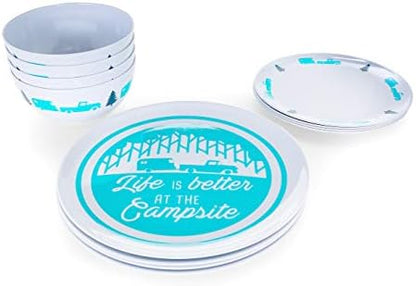 Camco Teal Life is Better at The Campsite 12 Piece Dishware Set-Blue Retro Trailer and Logo Design, Includes Plates and Bowls, Perfect for RVing and Camping, Melamine (53296)