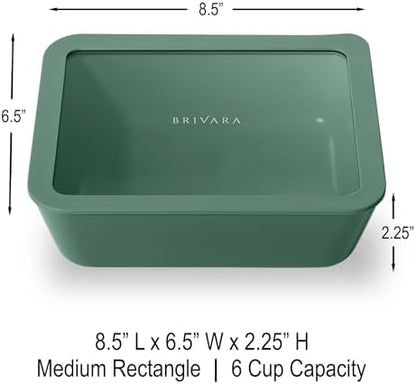 Glass Food Storage Container with Lid, 6-Cup Medium Rectangle | Microwave-Safe Airtight Lid, Oven-Safe Ceramic-Coated Glass | Zero Plastic, No PFAS/PFOA/BPA, Reusable [Pine]
