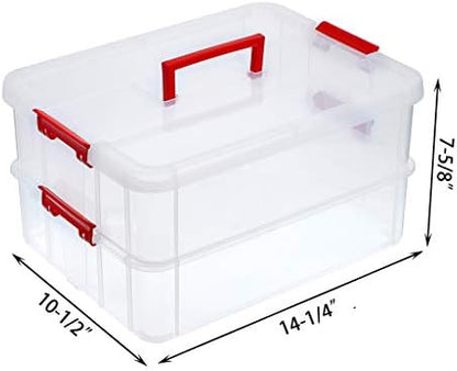 JUXYES 2-Tiers Plastic Stack Carry Storage Containers Box wih Handle Lids