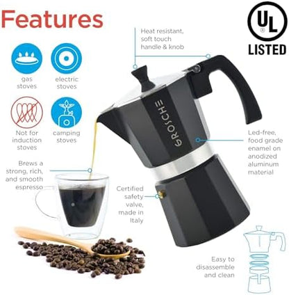 GROSCHE Milano Stovetop Espresso Maker Moka Pot 6 espresso Cup, 9.3oz Black