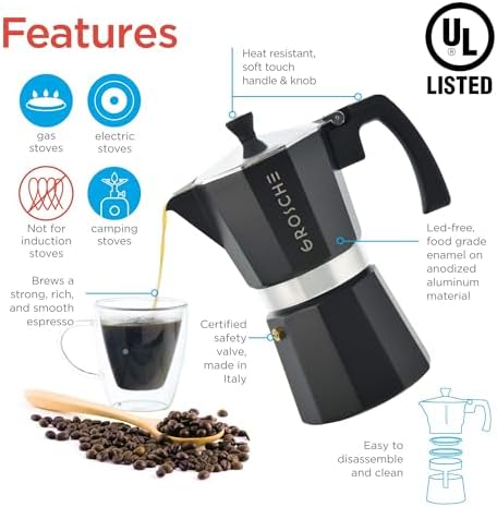 GROSCHE Milano Stovetop Espresso Maker Moka Pot 9 espresso Cup 15.2oz Black