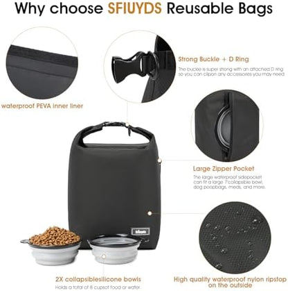 Travel Dog Food Container Pet Food Storage Bag Containers 2PCS Collapsible Travel Dog Bowls Waterproof Camping Storage Essentials Kibble Carrier 20L Easy to Clean (Black, Large)