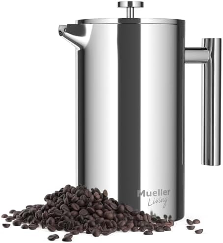 MuellerLiving French Press Coffee Maker 34oz, Stainless Steel French Press Coffee, 4 Filter Heat Resistant Double Insulated, Rust-Free, Food Grade, Dishwasher Safe Coffee Pot