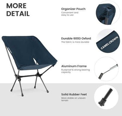 CAMEL CROWN Portable Camping Chair Folding Compact Lawn Lightweight Backpacking Chair with Carry Bag for Outdoor Hiking Beach Travel Picnic Festival Navy Blue 2pc