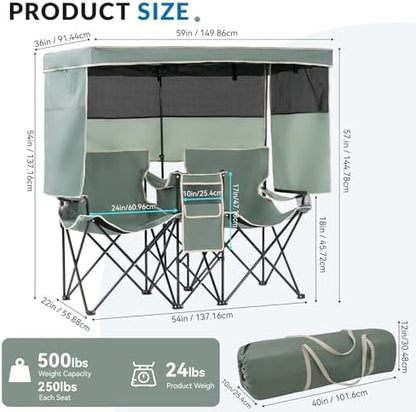 Double Beach Chair with Canopy Shade Oversized Camping Chairs with Canopy, Cooler Bag & Cup Holder Folding Loveseat for Camp Fishing Beach