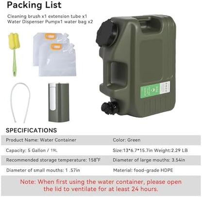 5 Gallon Water Jug, Bpa Free Portable Large Water Jug, Emergency Water Storage Containers for Outdoor Hiking Camping