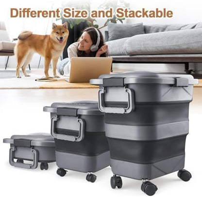 Dog Food Storage Container，23-25 lbs Airtight Collapsible Cat Food Storage Container with Attachable Wheels, Portable Handle, Dog Food Scoop for Dog Cat Bird Pet Dry Food Storage Bin Dark Grey