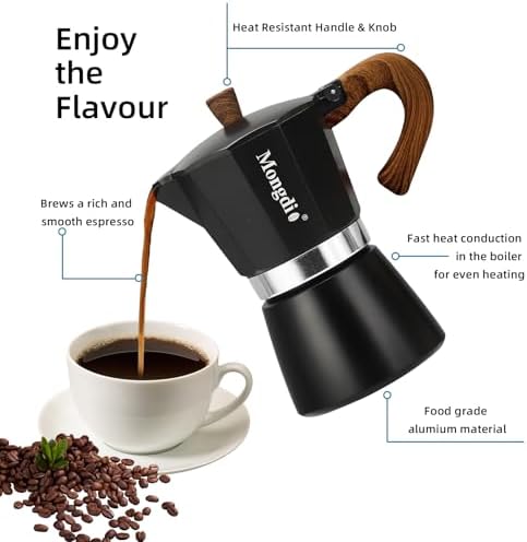 Mongdio Stovetop Espresso Maker Moka Pot, Cuban Coffee Maker Stove top coffee maker Moka Italian Espresso Greca Coffee Maker Brewer Percolator, 3 Espresso Cups, 5 oz - Black