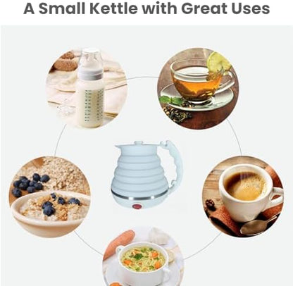 Travel Kettle Electric, Portable Travel Tea Kettle Small, Ultra-thin Collpasible Electric Kettle, Food Grade Silicone Foldable, Auto Shut off and Keep Warm, 110V 555ml (White)