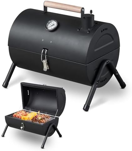 15" Portable Charcoal Grill,Tabletop Outdoor Barbecue Smoker,Heavy Duty Outdoor BBQ Grill,Vertical Camping Barbecue Grill,with Thermometer & Wooden Handle,for Garden Patio Beach Backyard (Black)