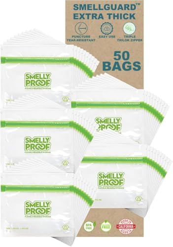 Smelly Proof 50 x Reusable Food Storage Bags, Reusable Snack Bags, Stand-Up Expandable “Stand & Fill”, Dishwasher-Safe, Clear 3-Mil 6” x 4”, US Made, BPA FREE, NO PEVA, 50-pk