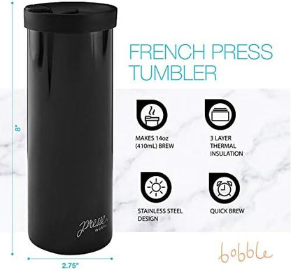 bobble French Coffee Presse, On-The-Go use, Quick Brew, Slim Design, Triple Wall Insulation, 14 oz (Black)