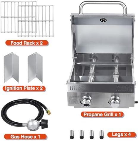 Llamaviva Tabletop Propane Gas Grill, 2 Burner 20,000 BTU Stainless Steel Portable BBQ Grill, Compact Outdoor Grill for Camping, RV, Patio, Tailgating, Picnic, Backyard Cooking