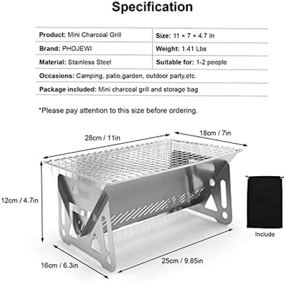 Mini Portable Charcoal Grill,Small BBQ Grill Tabletop Fire Pit for Camping Patio Outdoor Stainless Steel Camping Folding Barbecue Grills Backpacking Grills