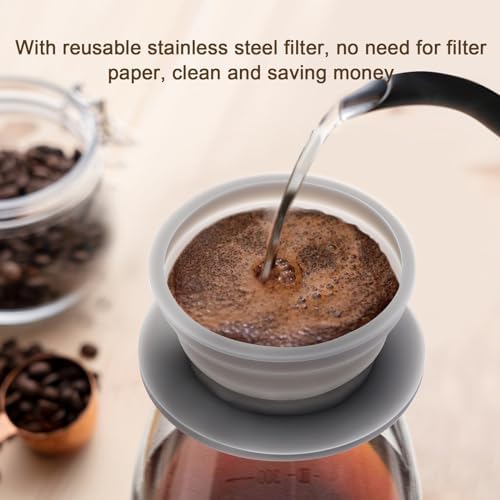 Paperless Collapsible Travel Pour Over Coffee Maker Camping, Travel Pour Over Coffee Dripper with Reusable Stainless Steel Filter, Single Cup Coffee Strainer (Grey)