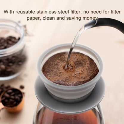 Paperless Collapsible Travel Pour Over Coffee Maker Camping, Travel Pour Over Coffee Dripper with Reusable Stainless Steel Filter, Single Cup Coffee Strainer (Grey)