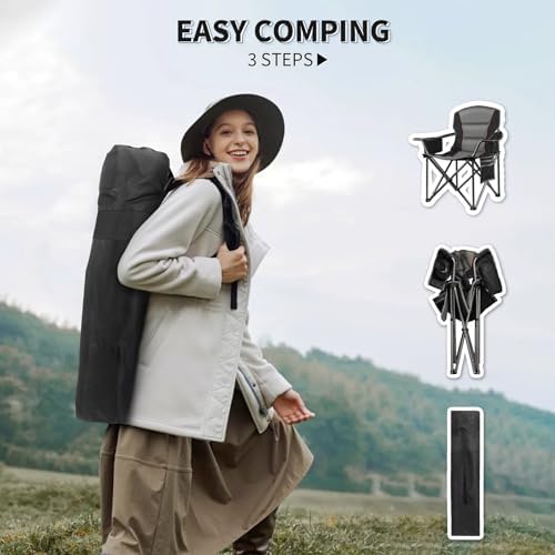 Oversized Padded Camping Chairs for Adults,Heavy Duty Support 400 Lbs,Folding Portable Lawn Chair w/Cup Holder,Cooler Bag,Side Pocket,Perfect for Outdoor Picnic,Hiking(Black)