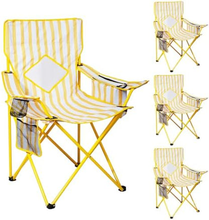 Nazhura 4 Pack Outdoor Camping Chairs Folding/Foldable/Portable with Cooler Pouch, Mesh Backrest and Cup Holder Pocket (Yellow, Metal, 4 Pack)
