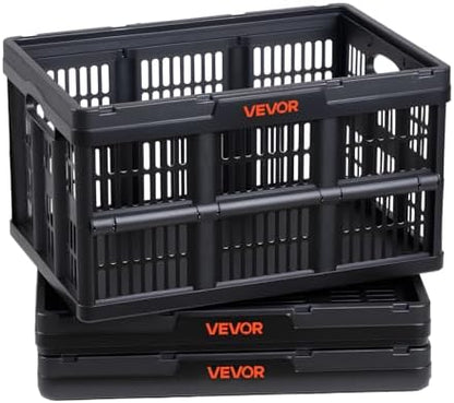 VEVOR Plastic Collapsible Storage Bins, 45L 3 Packs, Stackable Folding Storage Crates with Handles, Holds 33 lbs Per Bin, Foldable Heavy Duty Containers, Space-Saving Baskets, for Home Organizing