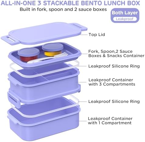 DaCool Lunch Box Adults Bento Box - 74 OZ All-in-One Stackable Lunch Box Containers for Adult Large Bento Box with Fork Spoon Sauce Boxes, Leakproof Lunchbox for Work School Dining Out,Macaron-Color