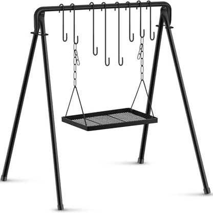 Rossesay Grill Swing Campfire Stand Campfire Cooking Equipment Adjustable Camping Accessories Cookware Hanging Rack with 8 Hooks and Portable Grill Stand for BBQ Picnic Outdoor Party