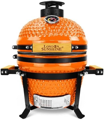 London Sunshine 13-Inch Ceramic Kamado Grill, Waterproof Vent Cap, Orange