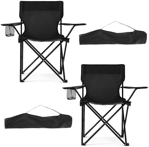 2 Pack Lightweight Folding Camping Chairs, Outdoor Lawn Beach Chair with Cup Holder & Carry Bag for Travel, Fishing, Picnic, Backyard, Hiking (Black, Medium)