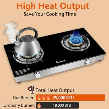 2 Burner Propane Gas Stove with Auto Ignition, 29000 BTU High-Efficiency Heavy-Duty Tempered Glass Cooktop, CSA Regulator & Hose Included, for Outdoor Camping Emergency