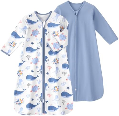 Baby Sleep Sack 0-6 Months, Long Sleeve Baby Wearable Blanket 0.5 Tog with Mittens, 2-Way Zipper Newborn Cotton Sleeping Sack for Boy and Girl Blue Whale 2 Pack (Small)