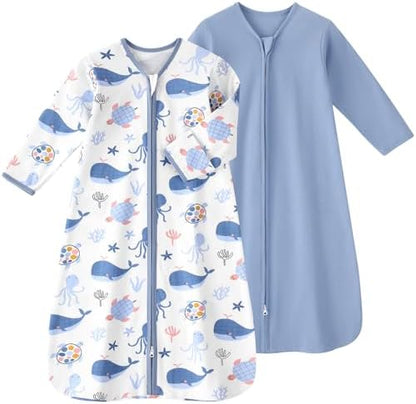 Baby Sleep Sack 6-12 Months, Long Sleeve Baby Wearable Blanket 0.5 Tog with Mittens, 2-Way Zipper Newborn Cotton Sleeping Sack for Boy and Girl Blue Whale 2 Pack (Medium)