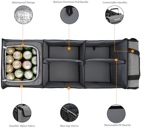 Collapsible Trunk Organizer with Insulated Leakproof Cooler Bag,Removable Lid,Adjustable Securing Straps,3 Compartments Trunk Organizer for SUV,Truck,Sedan(Light Grey)