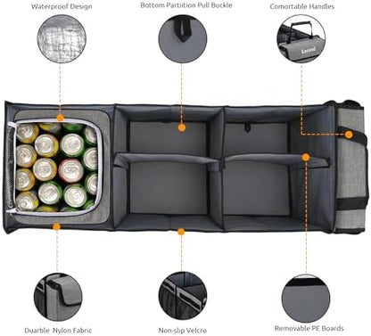 Collapsible Trunk Organizer with Insulated Leakproof Cooler Bag,Removable Lid,Adjustable Securing Straps,3 Compartments Trunk Organizer for SUV,Truck,Sedan(Light Grey)