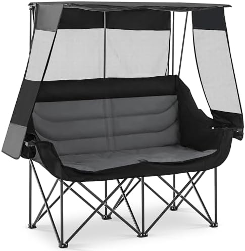 Asrug Padded Double Camping Chair with Canopy 2 Person Folding Camping Chair Loveseat with Cup Holders and Side Pockets Heavy Duty Camping Couch for Outdoor Beach 650lbs Support (Black & Dark Gray)