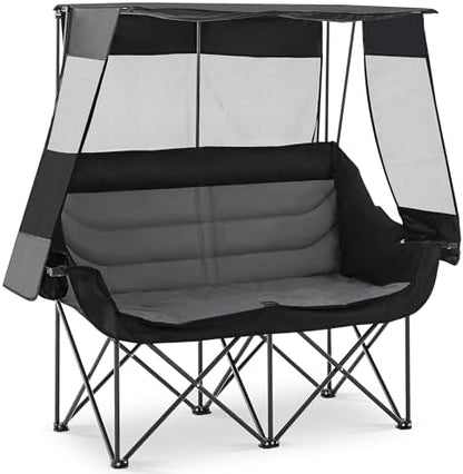 Asrug Padded Double Camping Chair with Canopy 2 Person Folding Camping Chair Loveseat with Cup Holders and Side Pockets Heavy Duty Camping Couch for Outdoor Beach 650lbs Support (Black & Dark Gray)