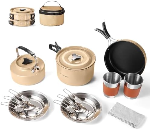Odoland 15pcs Camping Cookware Mess Kit, Lightweight Pot Pan Kettle Set