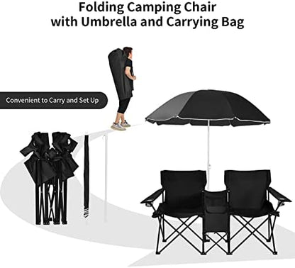 Goplus Double Camping Chairs with Umbrella, Cooler for Beach Patio
