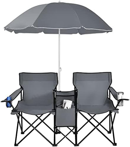 Goplus Double Camping Chairs with Umbrella, Cooler for Beach Patio