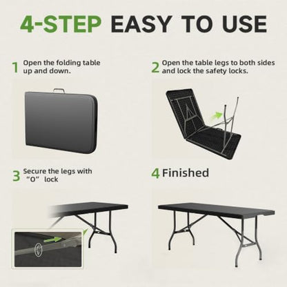 Heavy Duty Folding Table, Sturdy Portable Foldable Table with Safety Lock, Indoor Outdoor Use for Camping Party, 6/8 Foot (Standard, Black, 6FT-10 Pack)