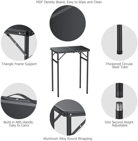 JiGiU Folding Camping Table MDF Desktop, 3 Adjustable Height-Max 29"