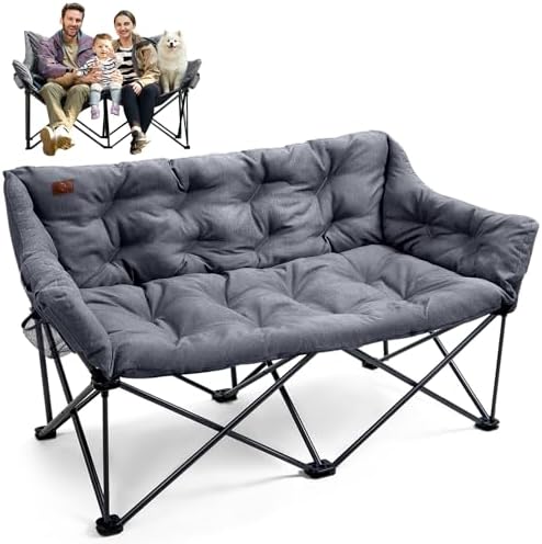 EVER ADVANCED Extra Large Double Camping Chair for Adults, Family Size Padded Folding Camping Love Seat Bench with Side Pocket Portable Camping Couch, Two Person Heavy Duty Folding Outdoor Chair