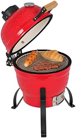 13" Portable Round Ceramic Charcoal Grill,Outdoor Barbecue Smoker,Heavy Duty Outdoor BBQ Grill,Vertical Camping Barbecue Grill,with Built-in Thermometer,for Garden Patio Beach Backyard (Orange)