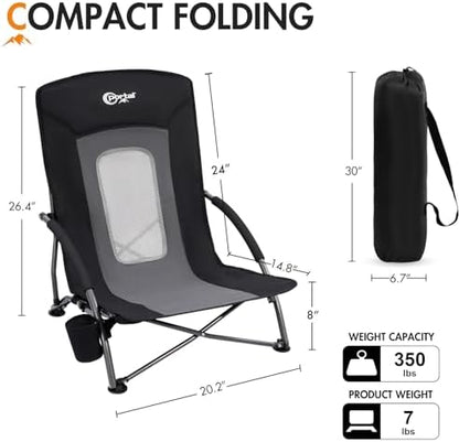 Portal Beach Chairs for Adults Camping Low Lightweight Portable Chair with Cup Holder Mesh Back Carry Bag for Outdoor Sand Lawn Travel Picnic Festival Concert