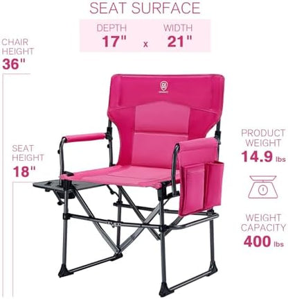 EVER ADVANCED Camping Directors' Chair with Side Table, Portable Folding with Compact Size, Heavy Duty Lawn Chair with Pocket for Camping, Lawn, Sports and Fishing, 400lbs, Pink