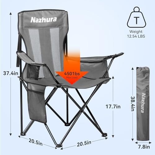 Nazhura 2 Pack Outdoor Camping Chairs Folding/Foldable/Portable with Cooler Pouch, Mesh Backrest and Cup Holder Pocket (Grey, Metal, 2 Pack)