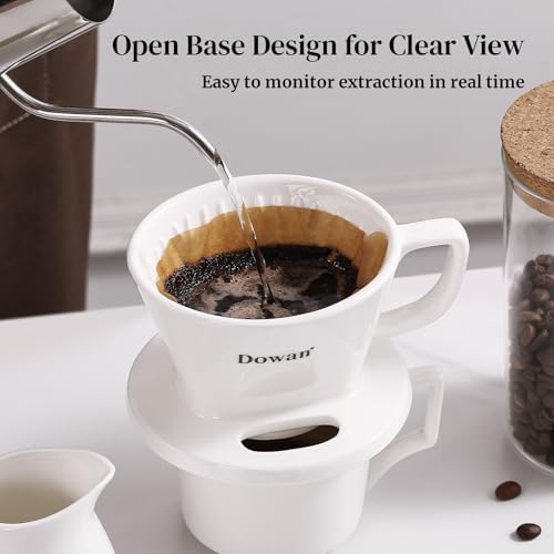 DOWAN Pour Over Coffee Maker, Non-Electric Pour Over Coffee Dripper with Open Base Design, Manual Brew Maker, Single Cups Porcelain Slow Brewing Accessories for Gifts, White