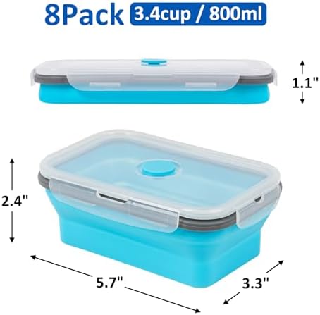 Collapsible Silicone Food Storage Containers Set with Lid & Air Vent,Foldable Lunch Containers (8PCS,Blue,27oz)