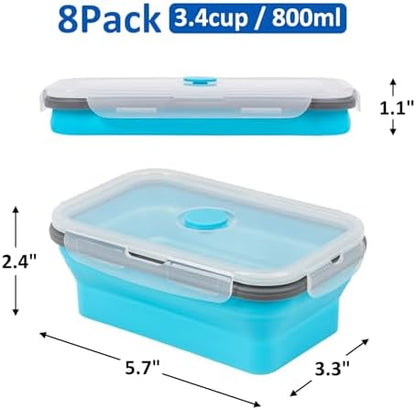 Collapsible Silicone Food Storage Containers Set with Lid & Air Vent,Foldable Lunch Containers (8PCS,Blue,27oz)