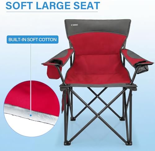 Oversized Camping Chair for Adults - 2 Pack Padded Lawn Chairs with Cup Holder & Side Pocket,Heavy Duty Folding Outdoor Chairs for Camp,Sports,Picnic,Beach,Red