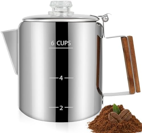 6 Cup Percolator 304 Stainless Steel Coffee Pot Coffee Maker Coffee Machine with Solid Wood Handle Transparent Knob Stovetop Greca Mocha for Induction Home and Camping 1000ml 33.8oz