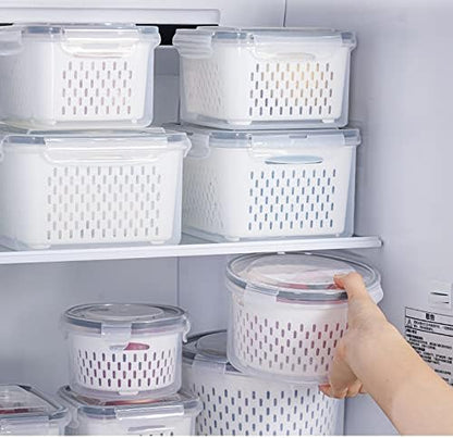 3Pack Fridge Food Storage Container Set with Lids with Strainer, Fruit Vegetable Storage Containers Keep Fruits, Vegetables, Berry, Meat Fresh longer, BPA-Free Plastic Produce Keepers